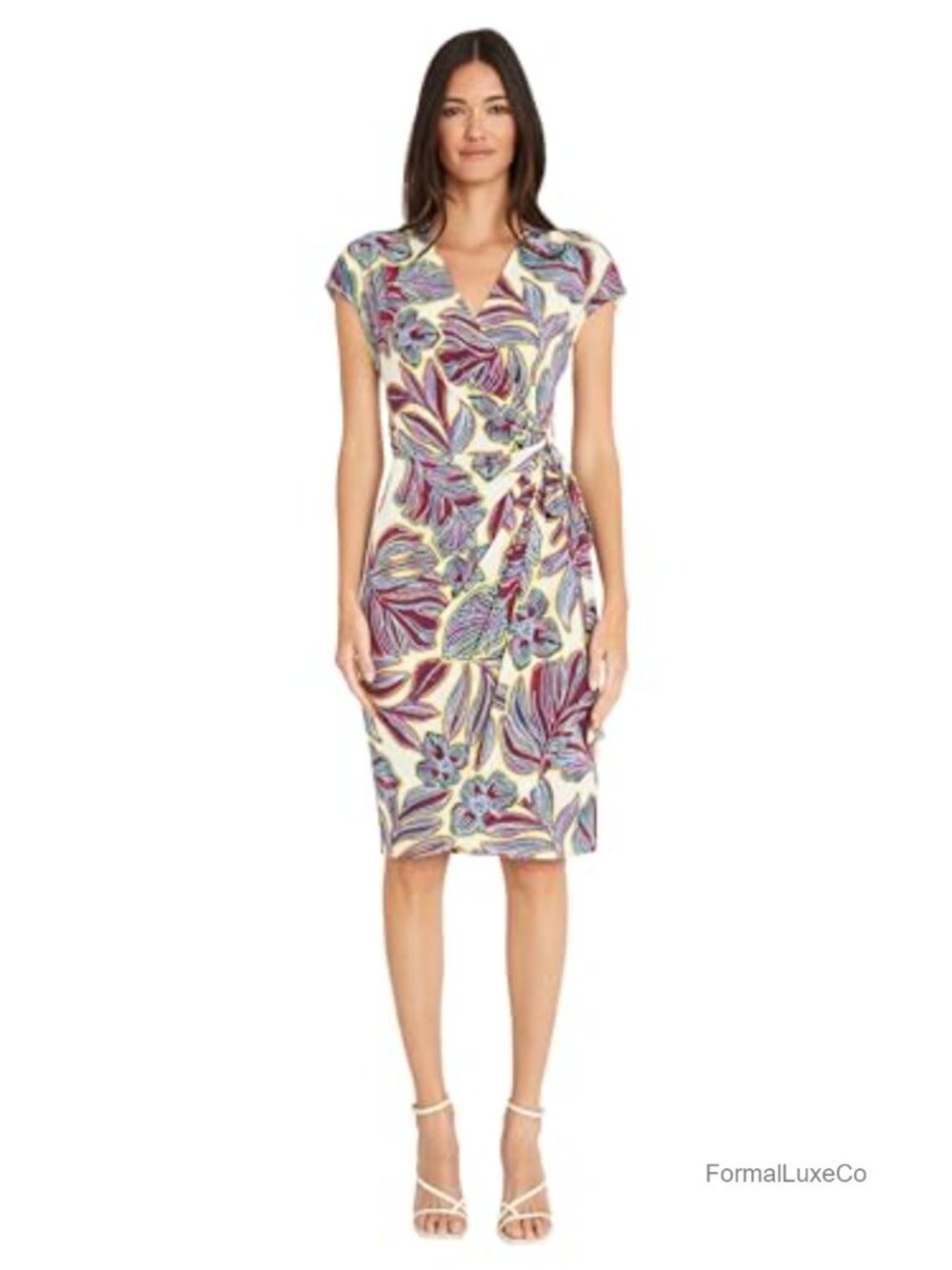 Maggy London Matte Jersey Wrap Dress V-Neck Cap Sleeve Knee Length